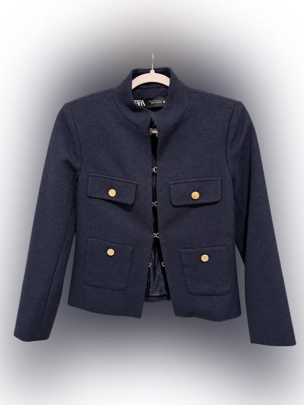 Zara Navy Textured Jacket Gold Button Tailored Blazer NWOT